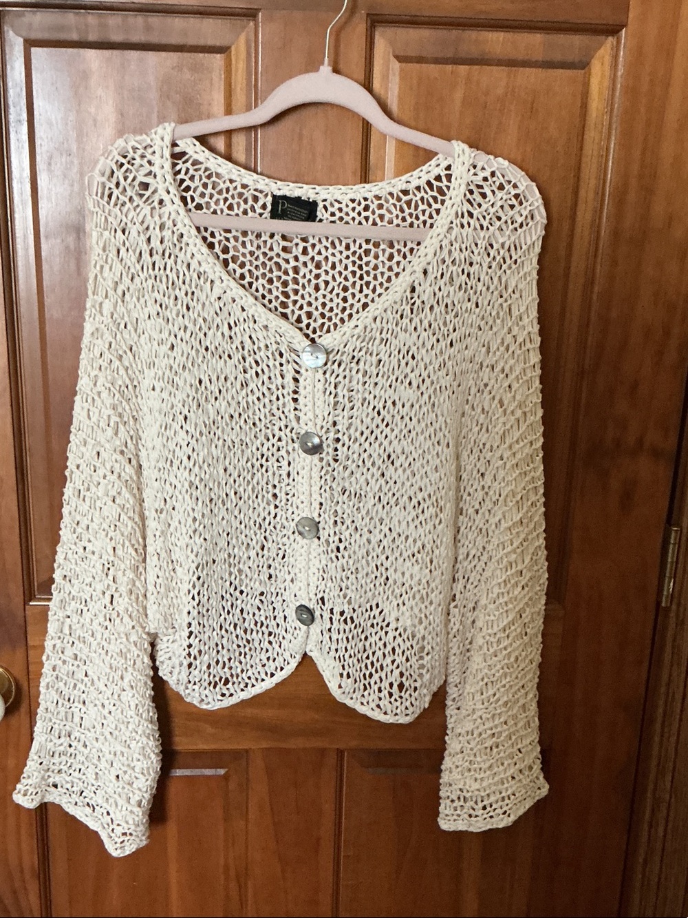 Pur Crochet V-Neck Button Cardigan in Cream